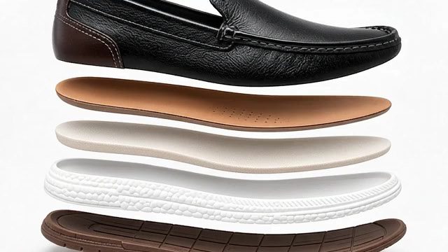 As cinco camadas de um mocassim Diplomata separadas: cabedal em couro, palmilha de couro, espuma de conforto, entressola e solado.